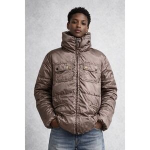 Golden Goose Womens Metallic Taupe Puffer Jacket Quilted High Collar Coat L